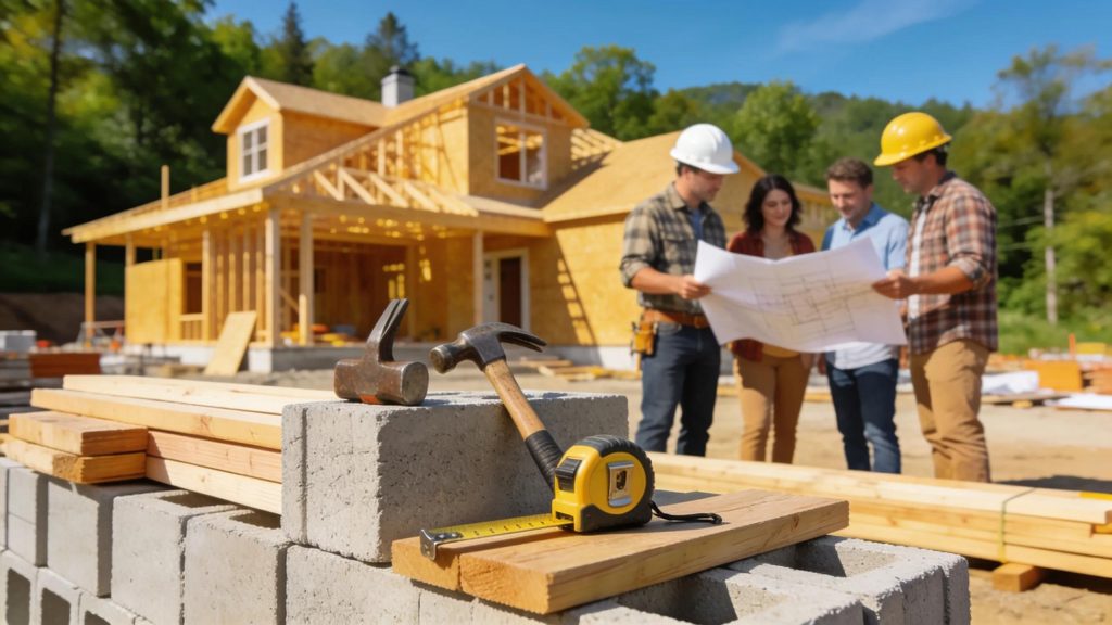 Custom home construction scene with builders collaborating, showcasing the warmth of the building process