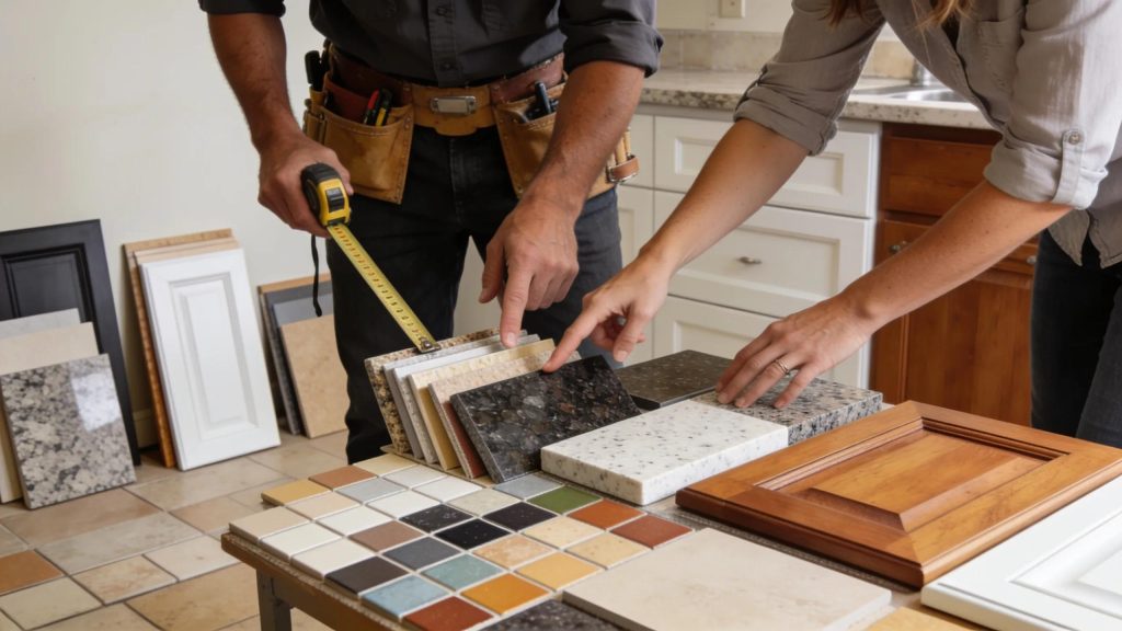 Homeowner and contractor discussing kitchen remodeling materials