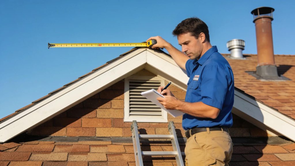 Contractor measuring a roof, symbolizing accuracy and expertise in estimating roofing costs