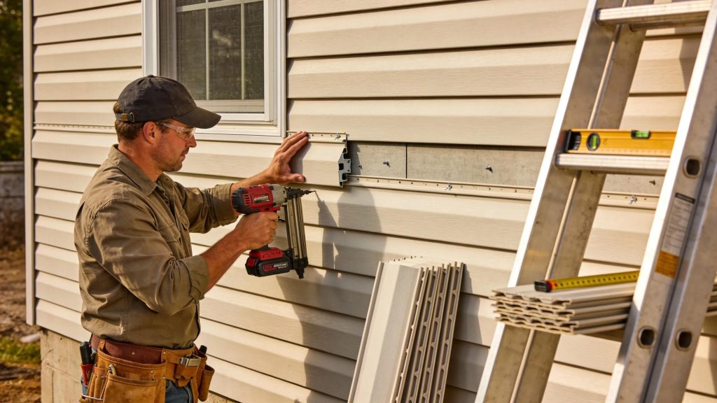 Construction worker installing vinyl siding, illustrating the installation process and craftsmanship involved