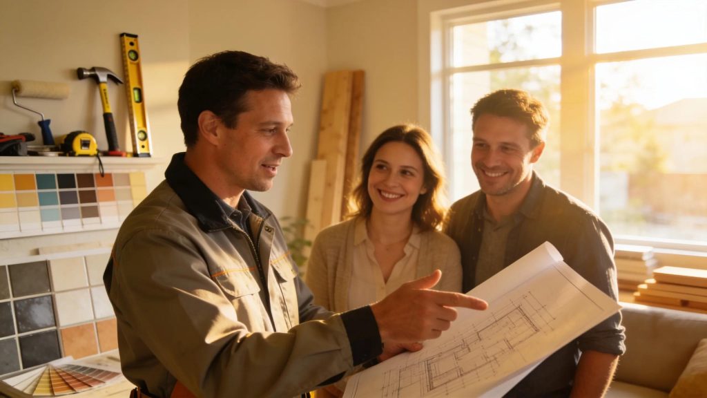 Contractor consulting with homeowners about bathroom remodeling
