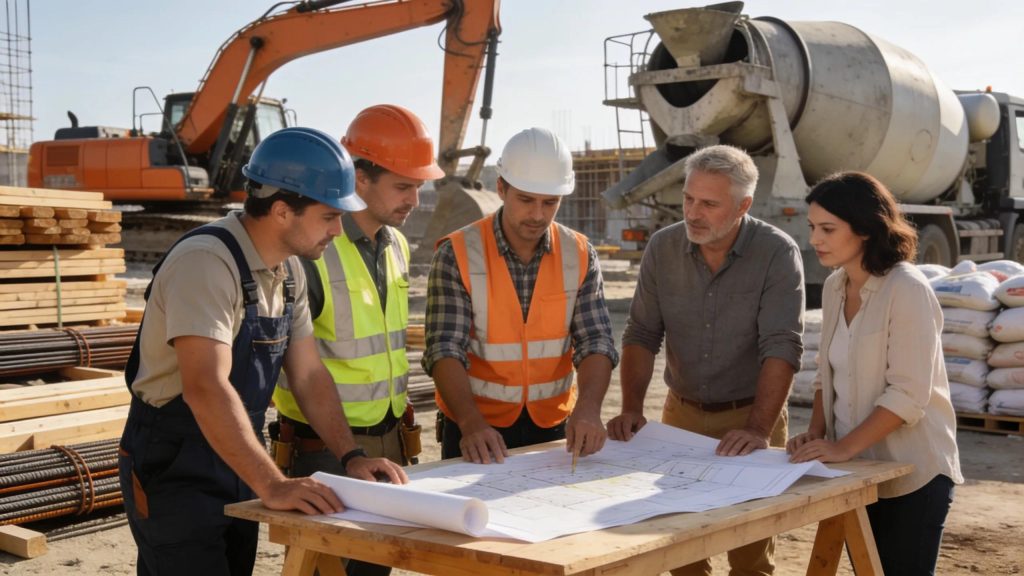 Builders and homeowners collaborating on a construction site, emphasizing teamwork and planning