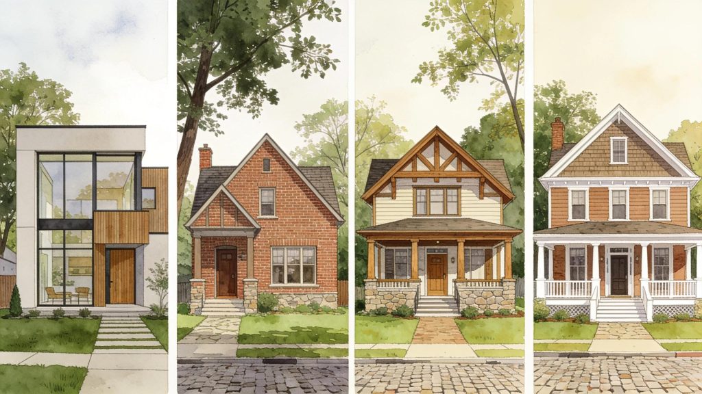 Variety of custom home designs including modern, traditional, craftsman, and farmhouse styles