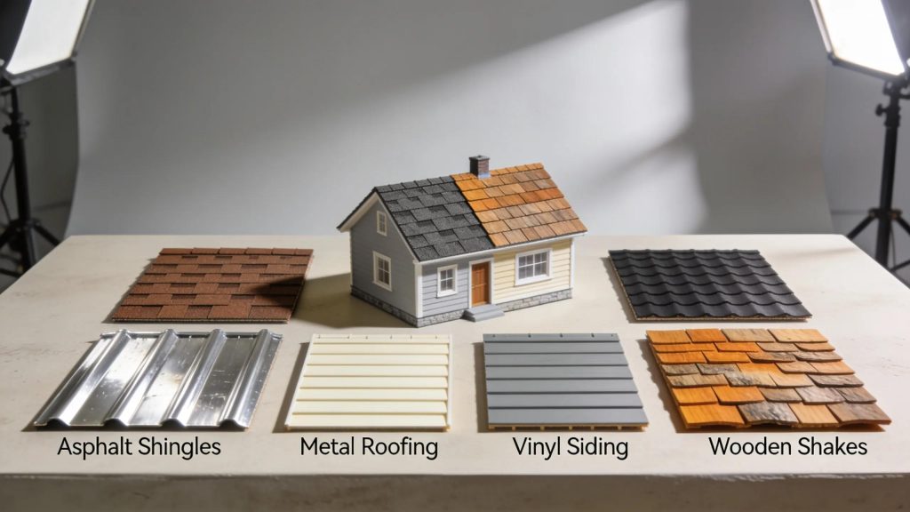 Diverse roofing and siding materials highlighting quality, textures, and colors relevant to homeowners' choices