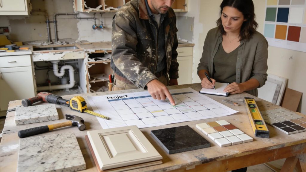 Contractor and homeowner reviewing timeline for kitchen renovation